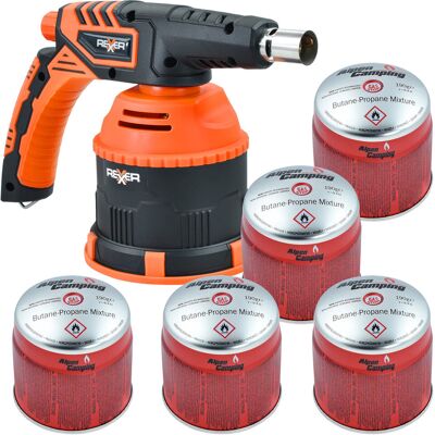 REXXER Palnik Gazowy Z Zapłonem Piezoelektrycznym 1300 W Premium + Kartusz Z Gazem Butan 190 G 5 Sztuk REXXER Palnik Gazowy Z Zapłonem Piezoelektrycznym 1300 W Premium + Kartusz Z Gazem Butan 190 G 5 Sztuk