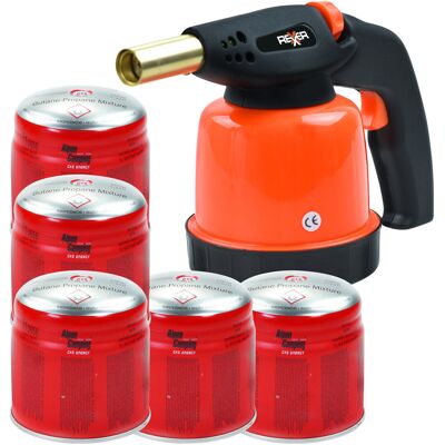 REXXER Palnik Gazowy Z Zapłonem Piezoelektrycznym 1700 W Standard + Kartusz Z Gazem Butan 190 G 5 Sztuk REXXER Palnik Gazowy Z Zapłonem Piezoelektrycznym 1700 W Standard + Kartusz Z Gazem Butan 190 G 5 Sztuk