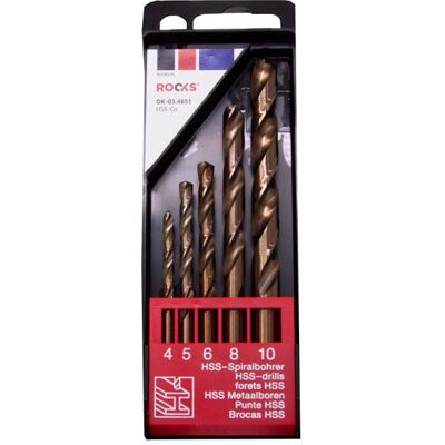 ROOKS Wiertła do metalu STRONG HSS-Co 1000 N/mm2 komplet 5 elementów 4 mm 5 mm 6 mm 8 mm 10 mm ROOKS Wiertła do metalu STRONG HSS-Co 1000 N/mm2 komplet 5 elementów 4 mm 5 mm 6 mm 8 mm 10 mm