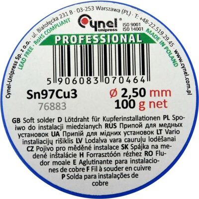 Cynel Spoiwo, Drut Lutowniczy Do Instalacji Miedzianych 2,5Mm, 100G Cynel Spoiwo, Drut Lutowniczy Do Instalacji Miedzianych 2,5Mm, 100G