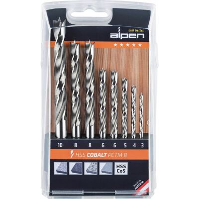 WIERTŁA DO DREWNA KOBALTOWE ZESTAW 3-10 MM 8 SZTUK HSS COBALT PCTM ALPEN WIERTŁA DO DREWNA KOBALTOWE ZESTAW 3-10 MM 8 SZTUK HSS COBALT PCTM ALPEN