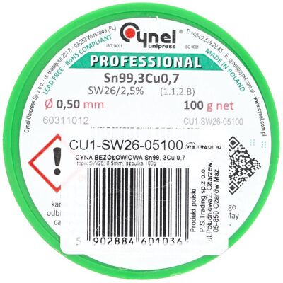 CYNEL Spoiwo lutownicze 0.5 mm 100 g Sn99Cu topnik SW26 szpulka CYNEL CYNEL Spoiwo lutownicze 0.5 mm 100 g Sn99Cu topnik SW26 szpulka CYNEL