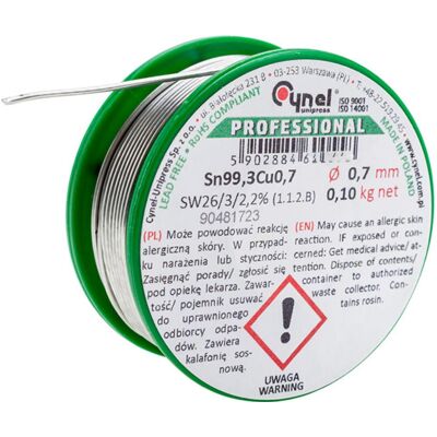 CYNEL Spoiwo lutownicze 0.7 mm 100 g Sn99Cu topnik SW26 szpulka CYNEL CYNEL Spoiwo lutownicze 0.7 mm 100 g Sn99Cu topnik SW26 szpulka CYNEL
