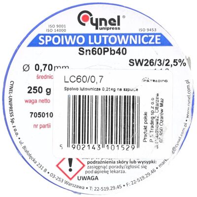 CYNEL Spoiwo lutownicze 0.7 mm 250 g Sn60Pb40 SW26 szpulka CYNEL Spoiwo lutownicze 0.7 mm 250 g Sn60Pb40 SW26 szpulka