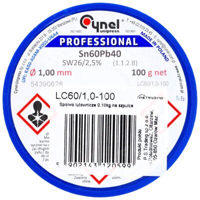CYNEL Spoiwo lutownicze 1.0 mm 100 g Sn60Pb40 SW26 do lutowania CYNEL Spoiwo lutownicze 1.0 mm 100 g Sn60Pb40 SW26 do lutowania