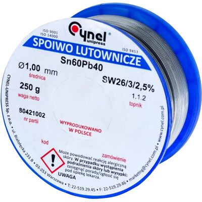 CYNEL Spoiwo lutownicze 1.0 mm 250 g Sn60Pb40 SW26 warsztatowe CYNEL Spoiwo lutownicze 1.0 mm 250 g Sn60Pb40 SW26 warsztatowe