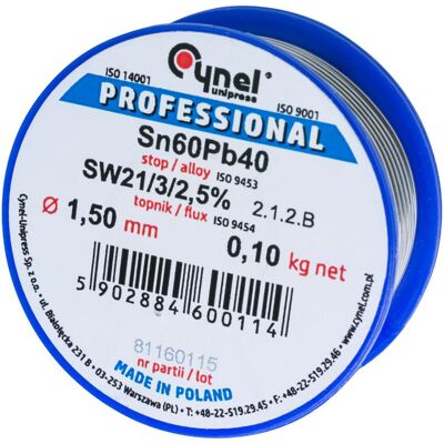 CYNEL Spoiwo lutownicze 1.5 mm 100 g Sn60Pb40 SW26 precyzyjne CYNEL Spoiwo lutownicze 1.5 mm 100 g Sn60Pb40 SW26 precyzyjne