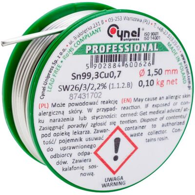 CYNEL Spoiwo lutownicze 1.5 mm 100 g Sn99Cu topnik SW26 szpulka CYNEL CYNEL Spoiwo lutownicze 1.5 mm 100 g Sn99Cu topnik SW26 szpulka CYNEL