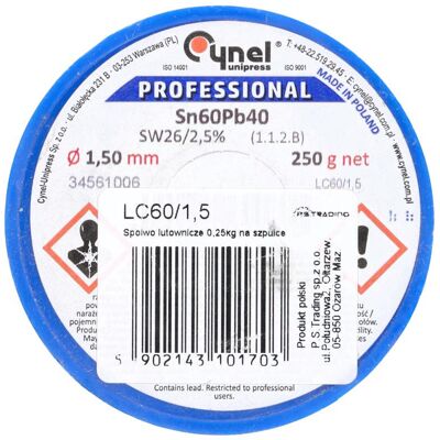 CYNEL Spoiwo lutownicze 1.5 mm 250 g Sn60Pb40 SW26 profesjonalne CYNEL Spoiwo lutownicze 1.5 mm 250 g Sn60Pb40 SW26 profesjonalne