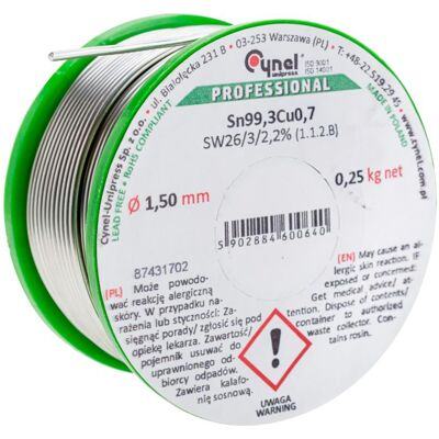 CYNEL Spoiwo lutownicze 1.5 mm 250 g Sn99Cu topnik SW26 szpulka CYNEL CYNEL Spoiwo lutownicze 1.5 mm 250 g Sn99Cu topnik SW26 szpulka CYNEL