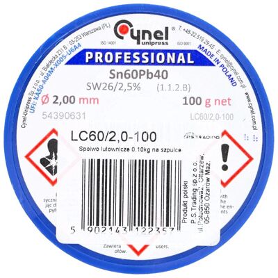 CYNEL Spoiwo lutownicze 2.0 mm 100 g Sn60Pb40 SW26 uniwersalne CYNEL Spoiwo lutownicze 2.0 mm 100 g Sn60Pb40 SW26 uniwersalne
