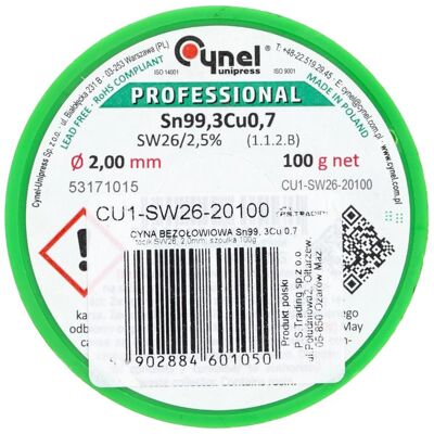 CYNEL Spoiwo lutownicze 2.0 mm 100 g Sn99Cu topnik SW26 szpulka CYNEL CYNEL Spoiwo lutownicze 2.0 mm 100 g Sn99Cu topnik SW26 szpulka CYNEL