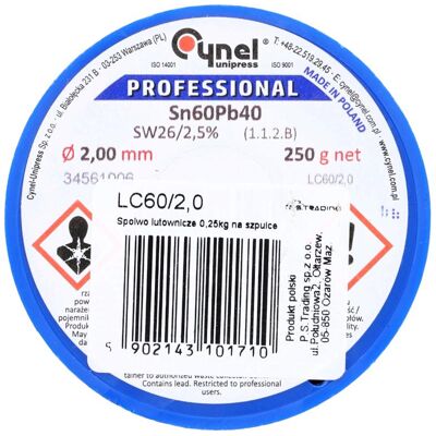 CYNEL Spoiwo lutownicze 2.0 mm 250 g Sn60Pb40 SW26 do metalu CYNEL Spoiwo lutownicze 2.0 mm 250 g Sn60Pb40 SW26 do metalu