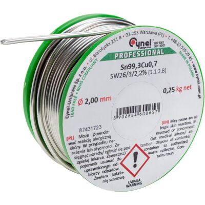 CYNEL Spoiwo lutownicze 2.0 mm 250 g Sn99Cu topnik SW26 szpulka CYNEL CYNEL Spoiwo lutownicze 2.0 mm 250 g Sn99Cu topnik SW26 szpulka CYNEL