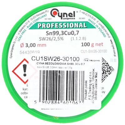 CYNEL Spoiwo lutownicze 3.0 mm 100 g Sn99Cu topnik SW26 szpulka CYNEL CYNEL Spoiwo lutownicze 3.0 mm 100 g Sn99Cu topnik SW26 szpulka CYNEL