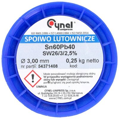 CYNEL Spoiwo lutownicze 3.0 mm 250 g Sn60Pb40 SW26 mocne CYNEL Spoiwo lutownicze 3.0 mm 250 g Sn60Pb40 SW26 mocne