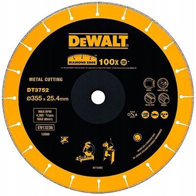 TARCZA TNĄCA DIAMENTOWA DO METALU 4000 OBR/MIN 355x25,4MM DEWALT DT3752 TARCZA TNĄCA DIAMENTOWA DO METALU 4000 OBR/MIN 355x25,4MM DEWALT DT3752