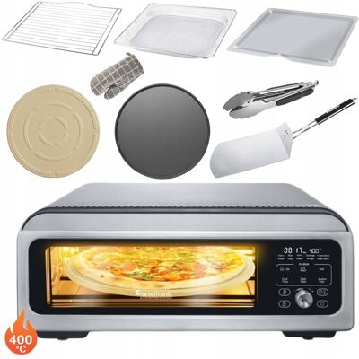 Piec do pizzy mini piekarnik 400°c TurboTronic akcesoria kamień taca blacha ruszt szczypce rękawica 18L 2000w Srebrny Piec do pizzy mini piekarnik 400°c TurboTronic akcesoria kamień taca blacha ruszt szczypce rękawica 18L 2000w Srebrny