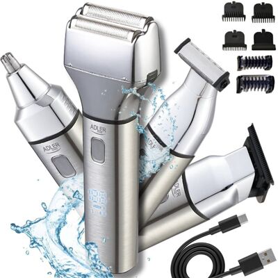 Adler AD 2950 Trymer męski 4w1 z golarką foliową, USB-C, LED, wodoodporny IPX6, 120 min pracy Adler AD 2950 Trymer męski 4w1 z golarką foliową, USB-C, LED, wodoodporny IPX6, 120 min pracy