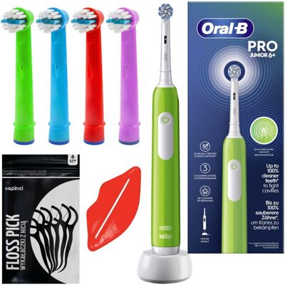 Szczoteczka elektryczna ORAL-B Junior Pro - Zielona delikatna dla dzieci 6+ 3 tryby timer 4 końcówki zestaw akcesoriów Szczoteczka elektryczna ORAL-B Junior Pro - Zielona delikatna dla dzieci 6+ 3 tryby timer 4 końcówki zestaw akcesoriów