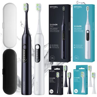 Spinel Szczoteczka soniczna SMILEON SonicBrush, 2 szt. - biały i czarny etui 4 końcówki 3 tryby do zębów elektryczna dla pary podróżna Spinel Szczoteczka soniczna SMILEON SonicBrush, 2 szt. - biały i czarny etui 4 końcówki 3 tryby do zębów elektryczna dla pary podróżna