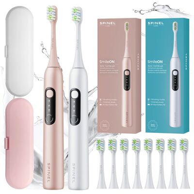 Szczoteczka soniczna SPINEL SmileON, 2 szt. - biały różowy zestaw dla pary 8 końcówek etui USB-C 3 tryby pracy Szczoteczka soniczna SPINEL SmileON, 2 szt. - biały różowy zestaw dla pary 8 końcówek etui USB-C 3 tryby pracy