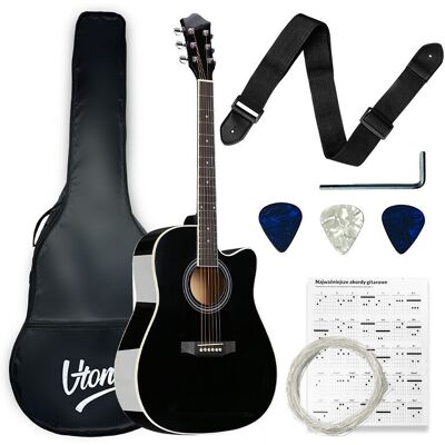 V-TONE AG TWO BK gitara akustyczna 4/4 czarna zestaw kostki pasek zapasowe struny pokrowiec akordy klucz regulacyjny V-TONE AG TWO BK gitara akustyczna 4/4 czarna zestaw kostki pasek zapasowe struny pokrowiec akordy klucz regulacyjny