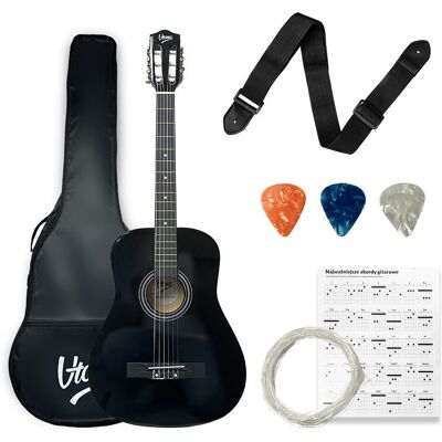 V-TONE CG ONE BK gitara klasyczna 4/4 czarna do nauki dla początkujących kostki pasek zapasowe struny pokrowiec akordy zestaw V-TONE CG ONE BK gitara klasyczna 4/4 czarna do nauki dla początkujących kostki pasek zapasowe struny pokrowiec akordy zestaw