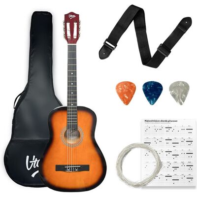 V-Tone Cg One Sb Gitara Klasyczna 4/4 Sunburst Kostki Pasek Zapasowe Struny Pokrowiec Akordy Zestaw V-Tone Cg One Sb Gitara Klasyczna 4/4 Sunburst Kostki Pasek Zapasowe Struny Pokrowiec Akordy Zestaw