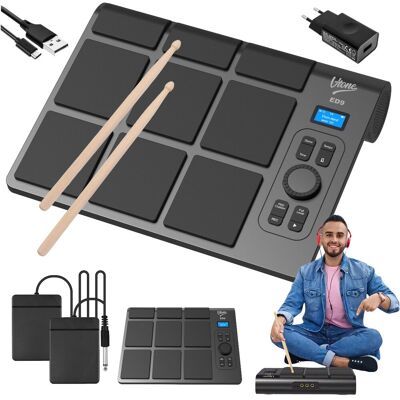 V-TONE ED9 perkusja elektroniczna bateryjna przenośna USB-C Bluetooth 9 padów pałeczki pedały wbudowane głośniki 2x5W V-TONE ED9 perkusja elektroniczna bateryjna przenośna USB-C Bluetooth 9 padów pałeczki pedały wbudowane głośniki 2x5W