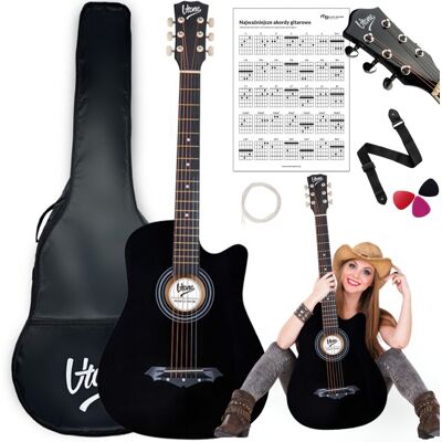 V-TONE gitara akustyczna 4/4 czarna kostki pasek zapasowe struny pokrowiec akordy V-TONE gitara akustyczna 4/4 czarna kostki pasek zapasowe struny pokrowiec akordy