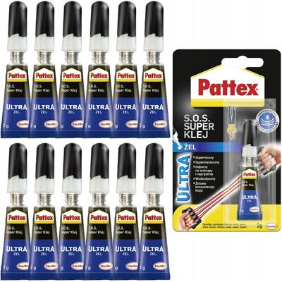 Super klej żelowy PATTEX S.O.S. Power, 12 szt. - 2g klej cyjanoakrylowy elastyczny mocny wodoodporny do plastiku metalu ceramiki drewna Super klej żelowy PATTEX S.O.S. Power, 12 szt. - 2g klej cyjanoakrylowy elastyczny mocny wodoodporny do plastiku metalu ceramiki drewna