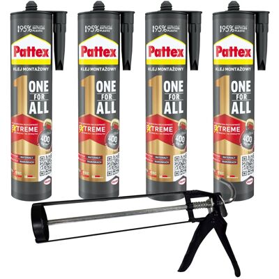 Henkel Klej Montażowy Pattex One For All, 4 Szt. - 440g + Wyciskacz Klej Uniwersalny Szybkoschnący Flextec Do Wnętrz I Na Zewnątrz Henkel Klej Montażowy Pattex One For All, 4 Szt. - 440g + Wyciskacz Klej Uniwersalny Szybkoschnący Flextec Do Wnętrz I Na Zewnątrz