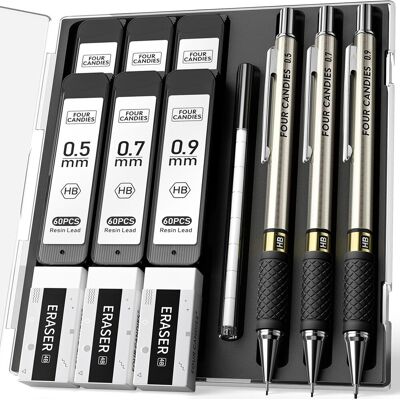 Inny producent Four Candies Zestaw Metalowych Mechanicznych Ołówków Artystycznych – 3 Szt. (0,5 Mm, 0,7 Mm, 0,9 Mm), 360 Wkładów Hb, 3 Gumki, 9 Wymiennych Końcówek.. Inny producent Four Candies Zestaw Metalowych Mechanicznych Ołówków Artystycznych – 3 Szt. (0,5 Mm, 0,7 Mm, 0,9 Mm), 360 Wkładów Hb, 3 Gumki, 9 Wymiennych Końcówek..