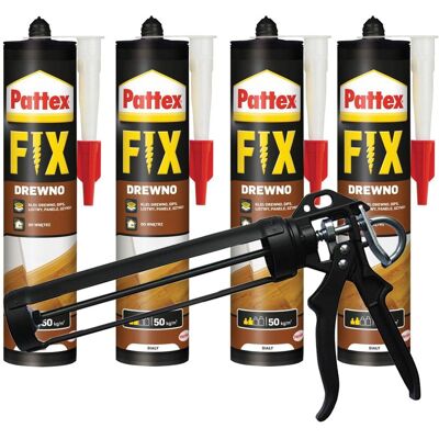 Klej Montażowy Pattex Fix Drewno, 4 Szt. – 400g + Pistolet Do Kartuszy Wodoodporny Elastyczny Klej Do Paneli Listew Klej Montażowy Pattex Fix Drewno, 4 Szt. – 400g + Pistolet Do Kartuszy Wodoodporny Elastyczny Klej Do Paneli Listew