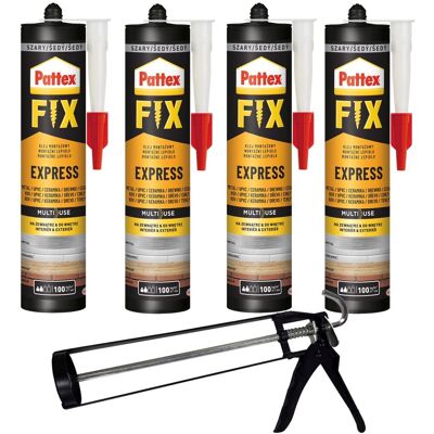 Henkel Klej Montażowy Pattex Fix Express, 4 Szt. - 375g Szybkoschnący Wodoodporny Elastyczny Do Drewna Cegły Plastiku Z Wyciskaczem Henkel Klej Montażowy Pattex Fix Express, 4 Szt. - 375g Szybkoschnący Wodoodporny Elastyczny Do Drewna Cegły Plastiku Z Wyciskaczem