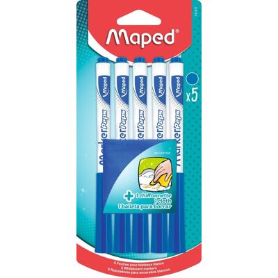 Maped - 5 markerów suchościeralnych Marker'Peps + 1 ściereczka - markery do łupków i tablic - Niebieskie markery nietrwałe - Średnia końcówka 1,5 mm Maped - 5 markerów suchościeralnych Marker'Peps + 1 ściereczka - markery do łupków i tablic - Niebieskie markery nietrwałe - Średnia końcówka 1,5 mm