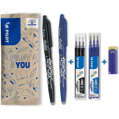Zestaw 2x wymazywalne pióro kulkowe PILOT FRIXION 0,7 niebieski czarny + wkład x2+ gumka Zestaw 2x wymazywalne pióro kulkowe PILOT FRIXION 0,7 niebieski czarny + wkład x2+ gumka