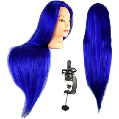 Główka treningowa Iza 80cm blue włos termiczny + uchwyt fryzjerska do czesania głowa do ćwiczeń Główka treningowa Iza 80cm blue włos termiczny + uchwyt fryzjerska do czesania głowa do ćwiczeń
