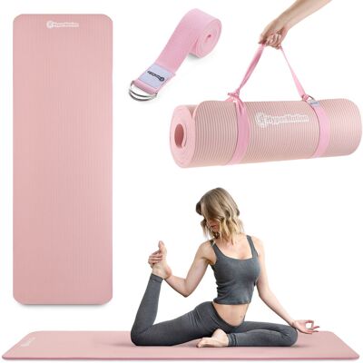 Mata do ćwiczeń fitness i jogi NBR z wielofunkcyjnym paskiem do ćwiczeń i przenoszenia - 183 x 61 x 1,5 cm HyperMotion - kolor różowy Mata do ćwiczeń fitness i jogi NBR z wielofunkcyjnym paskiem do ćwiczeń i przenoszenia - 183 x 61 x 1,5 cm HyperMotion - kolor różowy