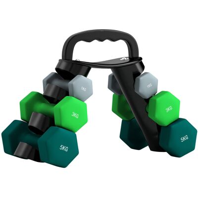 Zestaw hantli SPORTNOW 6 hantli ze składanym stojakiem, 2 x 1 kg, 2 x 3 kg, 2 x 5 kg, hantle sześciokątne, kettlebell do fitnessu, gimnastyki, domu Zestaw hantli SPORTNOW 6 hantli ze składanym stojakiem, 2 x 1 kg, 2 x 3 kg, 2 x 5 kg, hantle sześciokątne, kettlebell do fitnessu, gimnastyki, domu