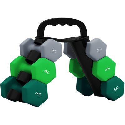 Zestaw hantli SPORTNOW 6 hantli ze składanym stojakiem, 2 x 3 kg, 2 x 4 kg, 2 x 5 kg, hantle sześciokątne, kettlebell do fitnessu, gimnastyki, domu Zestaw hantli SPORTNOW 6 hantli ze składanym stojakiem, 2 x 3 kg, 2 x 4 kg, 2 x 5 kg, hantle sześciokątne, kettlebell do fitnessu, gimnastyki, domu