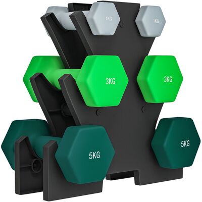 Zestaw hantli SPORTNOW 6 hantli ze stojakiem, 2 x 1 kg, 2 x 3 kg, 2 x 5 kg Metalowy zestaw hantli do fitnessu, gimnastyki, domu Zestaw hantli SPORTNOW 6 hantli ze stojakiem, 2 x 1 kg, 2 x 3 kg, 2 x 5 kg Metalowy zestaw hantli do fitnessu, gimnastyki, domu