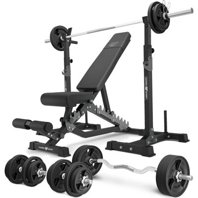 Marbo Sport Zestaw MS34_2.0_113KG_G Ławka dwustronna + wielopoziomowe stojaki (2 sztuki) pod sztangę z asekuracją + zestaw gryfów i obciążeń gumowanych 113 kg.. Marbo Sport Zestaw MS34_2.0_113KG_G Ławka dwustronna + wielopoziomowe stojaki (2 sztuki) pod sztangę z asekuracją + zestaw gryfów i obciążeń gumowanych 113 kg..