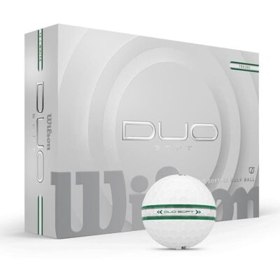 Piłki golfowe Wilson Duo Soft, model 2025 (białe, 12 szt.) TRK360 z linią do puttowania zielono-rebrna Piłki golfowe Wilson Duo Soft, model 2025 (białe, 12 szt.) TRK360 z linią do puttowania zielono-rebrna