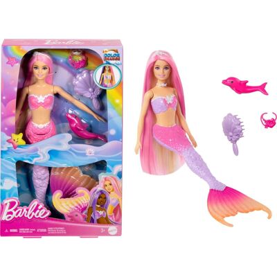 Barbie Malibu Syrenka Zmiana koloru Lalka z różowymi włosami, akcesoriami do stylizacji, delfinkiem i funkcją zmiany koloru aktywowaną wodą, HRP97 Barbie Malibu Syrenka Zmiana koloru Lalka z różowymi włosami, akcesoriami do stylizacji, delfinkiem i funkcją zmiany koloru aktywowaną wodą, HRP97
