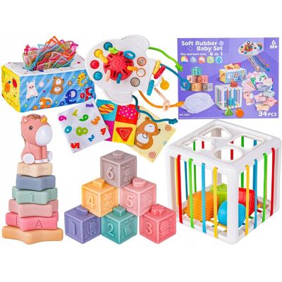 Bemi Zabawki Sensoryczne 6W1 Miękkie Klocki Gryzak Kostka Sorter Wieża Bemi Zabawki Sensoryczne 6W1 Miękkie Klocki Gryzak Kostka Sorter Wieża