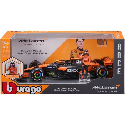 BOLID F1 McLaren MCL38 FIGURKA OSCAR PIASTRI 1:24 MODEL BBURAGO 18-28040 BOLID F1 McLaren MCL38 FIGURKA OSCAR PIASTRI 1:24 MODEL BBURAGO 18-28040