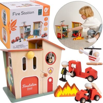 CLASSIC WORLD Remiza Strażacka Drewniana Garaż Auto Helikopter Figurki 13el. CLASSIC WORLD Remiza Strażacka Drewniana Garaż Auto Helikopter Figurki 13el.