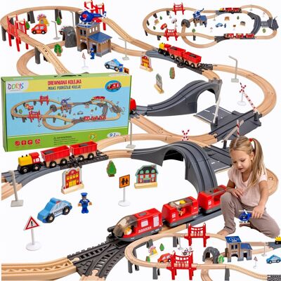 Doris Drewniana Kolejka Elektryczna POCIĄG NA BATERIE x2 WAGONY TUNEL MOST TORY ZWROTNICE + Dźwięk Doris Drewniana Kolejka Elektryczna POCIĄG NA BATERIE x2 WAGONY TUNEL MOST TORY ZWROTNICE + Dźwięk